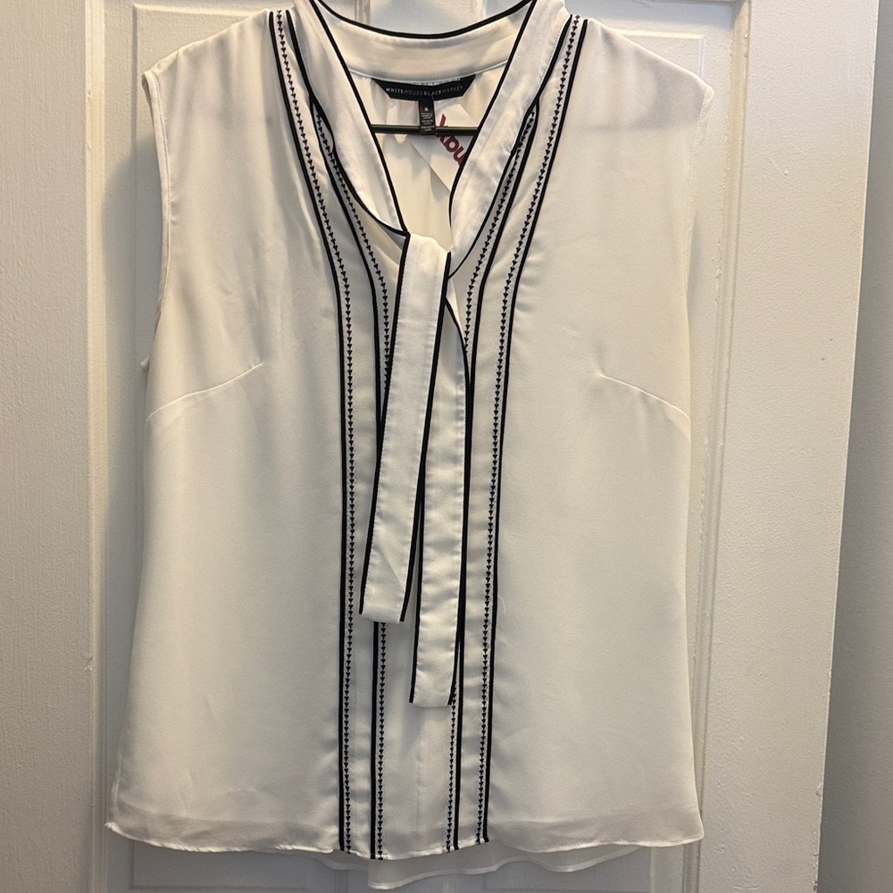 White House Black Market White Sleeveless Tie-Neck Blouse with Black Trim